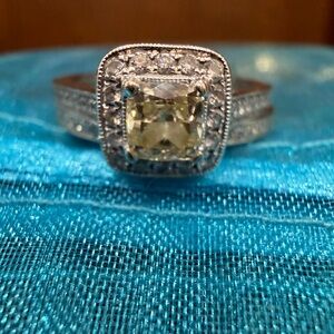 Cushion Cut Natural Yellow Diamond with Halo in 14k White Gold & Wedding Band